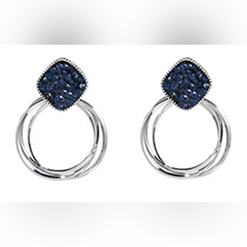 STUNNING Navy Blue Crystal Silver Dangle Hoop Earrings | Statement Jewelry | NWT - Picture 4 of 16